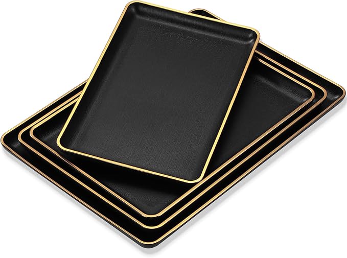 Rtteri Set of 4 Large Serving Platter Set 15/14/13/12 Inch Heavy Plastic Serving Trays Unbreakable Rectangular Platter Reusable Wood Grain Tray for Buffet Wedding Christmas Party(Black and Gold)