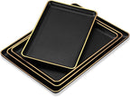 Rtteri Set of 4 Large Serving Platter Set 15/14/13/12 Inch Heavy Plastic Serving Trays Unbreakable Rectangular Platter Reusable Wood Grain Tray for Buffet Wedding Christmas Party(Black and Gold)