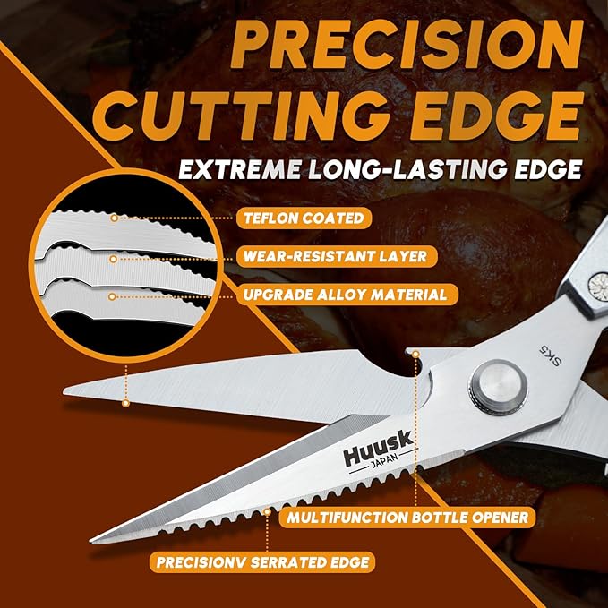 HUUSK Kitchen Scissors and Vegetable Peeler Set - Silver Stainless Steel Cooking Kitchen Shears for Food with Serrated Peeler, Heavy Duty Japanese Style Dishwasher Safe Meat Scissors for all Purpose