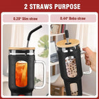 Glass Tumbler with Lid and Straw, 46 oz Iced Coffee Cup with Handle, Large Water Bottles with Silicone Sleeve, Glass Cup with Straws - Pearl Straw & Drinking Straw BPA Free-Black