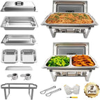 2 Pack 8QT Rectangular Chafing Dish Buffet Set Stainless Steel Catering Chafers Food Warmer with Full,Half Food Pan,Fuel Holder,Foldable Frame For Weddings/Parties/Banquets Events