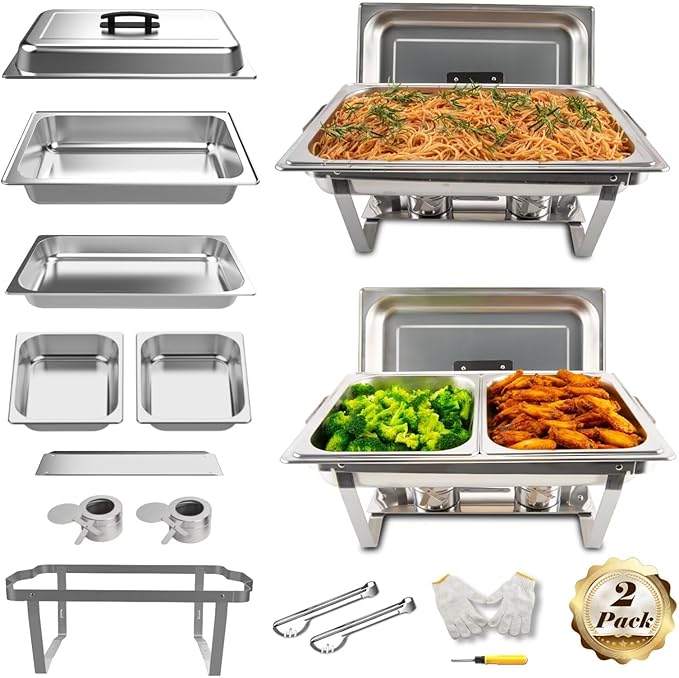 2 Pack 8QT Rectangular Chafing Dish Buffet Set Stainless Steel Catering Chafers Food Warmer with Full,Half Food Pan,Fuel Holder,Foldable Frame For Weddings/Parties/Banquets Events