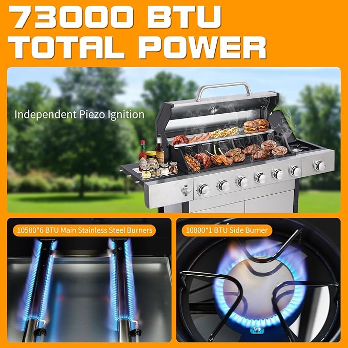 CIG GARDEN 6 Burner Propane Gas Grill With Side Burner,3 in 1 Gas BBQ Grill,73000 BTU Outdoor Barbecue Propane Griddle Grill combo for Camping, Patio, Backyard