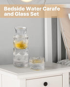 Bedside Water Carafe and Glass Set, Mouthwash Dispenser for Bathroom, 21.6 Oz Glass Water Bottles with 6 Oz Drinking Cup as Lid, Pitcher for Nightstand, Kitchen (Clear)
