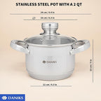 Daniks Standard Stainless Steel Stock Pot with Glass Lid – Induction 2 Quart, Dishwasher Safe, Measuring Scale, For Soup, Pasta, Stew, Silver