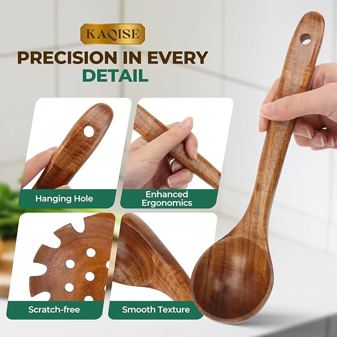 Wooden Spoons for Cooking, Teak Wooden Utensil Set, 2Pcs Kitchen Utensils, Large Cooking Spoons for Soup and Pasta Serving Mixing (Ladle & Pasta Scoop Strainer)