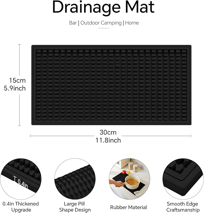 2 Pack Bar Mat, Drying Mat Household Bar Tools,Black Cocktail Bar Mat 5.9''X12''，Suitable for Bar, Outdoor Camping, Home Bar Bar Mat