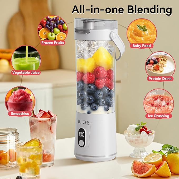 Portable Personal Electric USB Juicer，600ML Mini Blender Portable Blender For Shakes and Smoothies juice，12 Blades Great for Mixing，Compact、Convenient and Versatile (white)