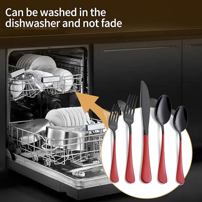 20-Piece Black and Purple Stainless Steel Flatware Set - 4 Dinner Knives, Forks, Spoons, Salad / Dessert Teaspoons - Dishwasher Safe