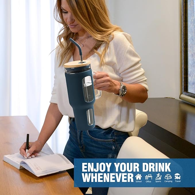 Glass Tumbler with Lid and Straw, 46 oz Iced Coffee Cup with Handle, Large Water Bottles with Silicone Sleeve, Glass Cup with Straws - Pearl Straw & Drinking Straw BPA Free-Blue