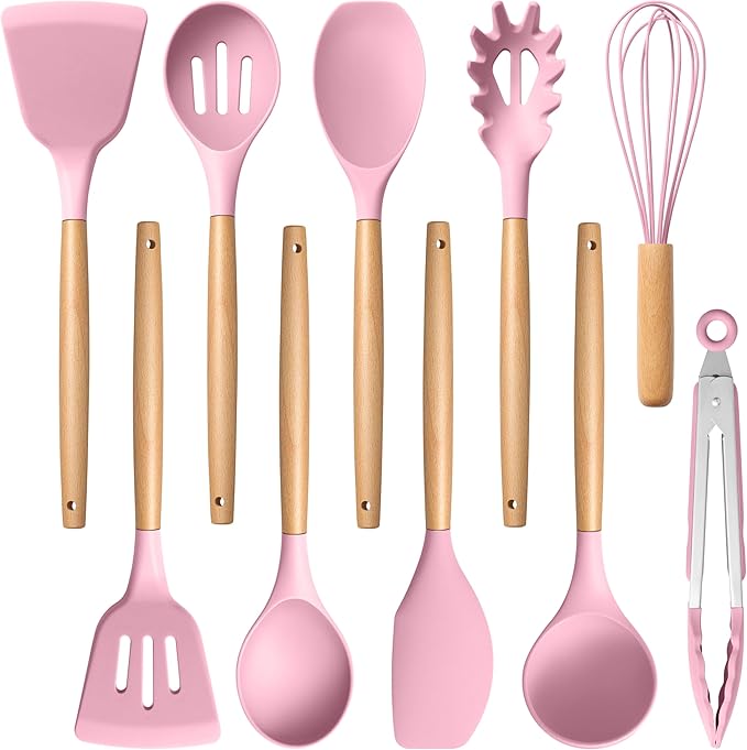 E-far Silicone Cooking Utensils Set, 10-Piece Kitchen Utensils Set with Wooden Handle for Cooking, Non-toxic Silicone Kitchen Nonstick Tools Spatula Whisk Tongs Ladle, Heat Resistant & Health, Pink