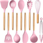 E-far Silicone Cooking Utensils Set, 10-Piece Kitchen Utensils Set with Wooden Handle for Cooking, Non-toxic Silicone Kitchen Nonstick Tools Spatula Whisk Tongs Ladle, Heat Resistant & Health, Pink