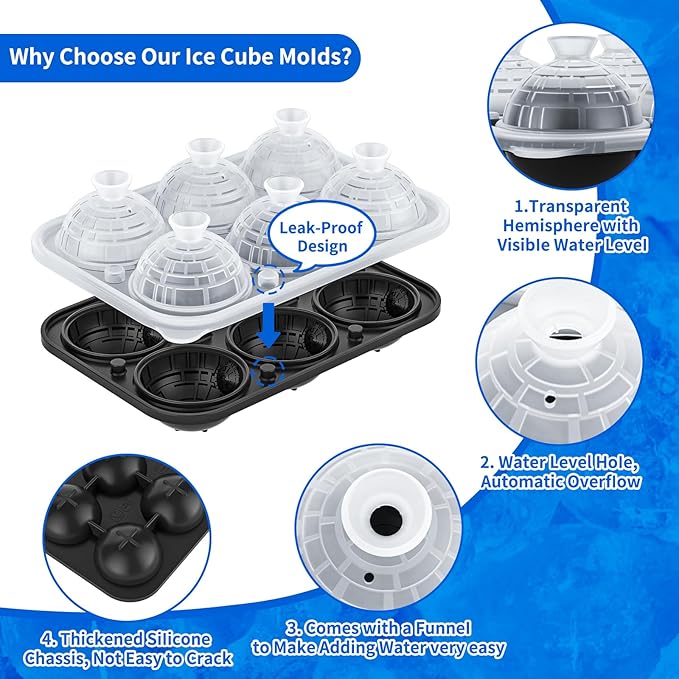 6 Chamber 2.34" 3D Death Star Ball Ice Cube Tray With Funnel,Large Round Ice Ball Molds Silicone Fun Shapes Whiskey Circle Ice Tray,For Chilling Whiskey,Cocktails,Bourbon,Brandy and Beverages