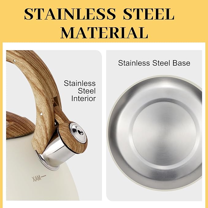 MARSKITOP Tea Kettle, 2.6 Quart Tea Pot for Stove, Food Grade Stainless Steel Whistling Teapot for Stovetop with Anti-Hot Handle, Suitable for All Heat Sources, Cream White