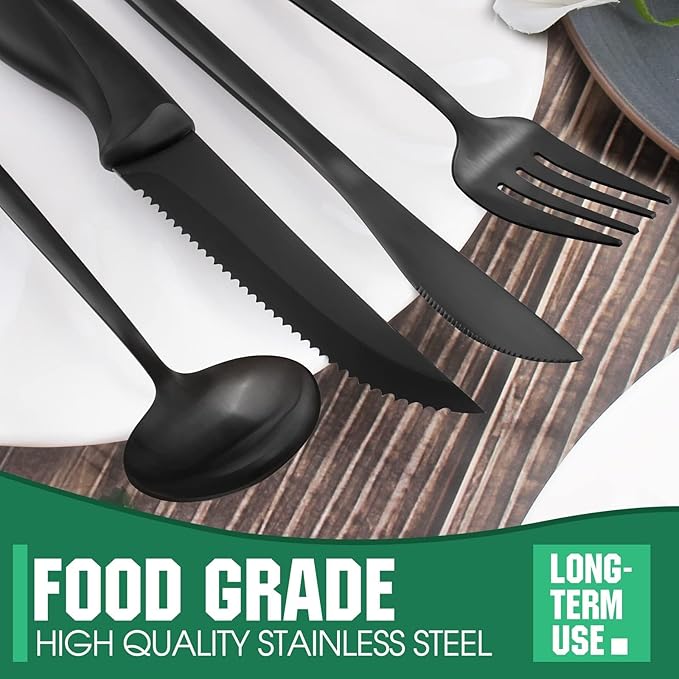 48 Pieces Matte Black Silverware Set with Steak Knives,Satin Finish tableware Cutlery Set,Black Flatware Set for Home and Restaurant,Knife Spoon And Fork Sets for ervice for 8