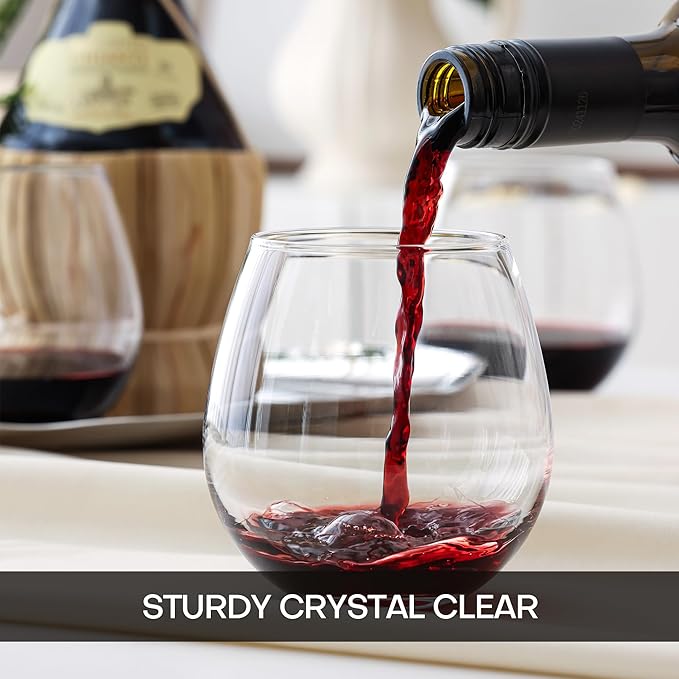 Stemless Wine Glasses Set of 6, 15oz Red & White Wine Glasses for Daily Use, Wedding, Birthdays, Housewarming Gift, Hosting, Home Bar, Evening Party(Clear)