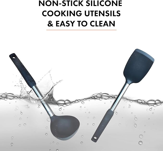 Home & Kitchen Essentials Cooking Utensils Set - Non Stick Silicone Kitchen Utensils Set - Stainless Steel Handles, Heat Resistant, BPA Free, and Dishwasher Safe (Black, 19 Pieces)