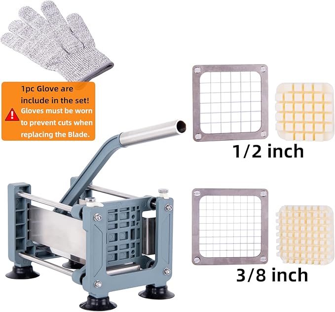 Rismonar French Fry Cutter Stainless Steel Potato Slicer With 1/2in 1/4in 3/8in Blade for Carrots Cucumbers Vegetables (Green, Machine + 1/2 & 3/8)