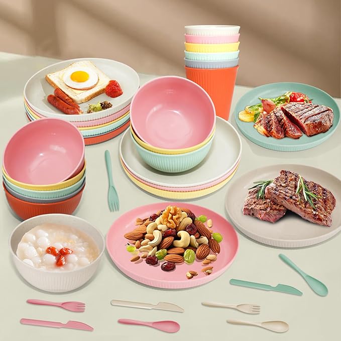 36 pcs Wheat Straw Dinnerware Sets DAPIPIK Unbreakable Reusable Dinnerware Set ，Lightweight Camping Plates Cups and Bowls Set. Dishwasher Microwave Safe Dinnerware