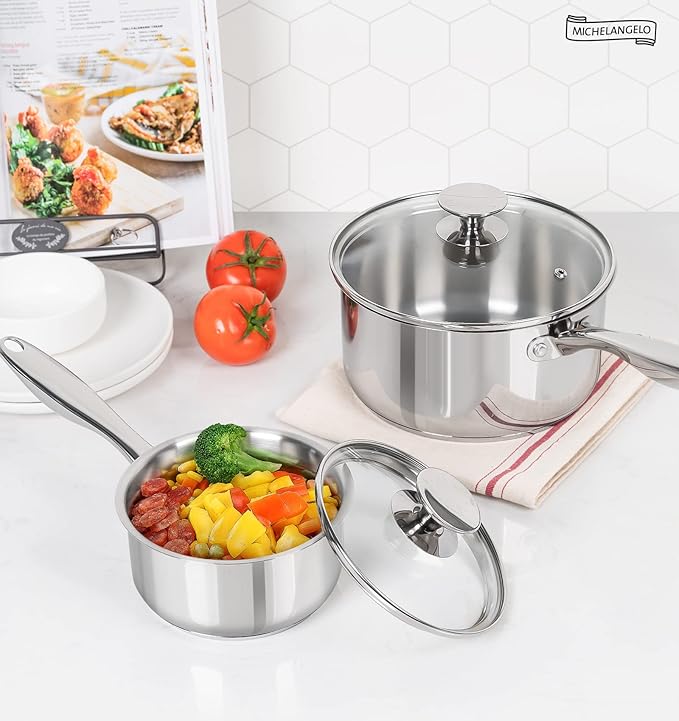 MICHELANGELO 1Qt & 2Qt Tri-ply Stainless Steel Saucepan Set, Small Cooking Pots with Tempered Glass Lids, Induction Ready, Oven & Dishwasher Safe, Multipurpose Sauce Pans for Home Kitchen & Restaurant