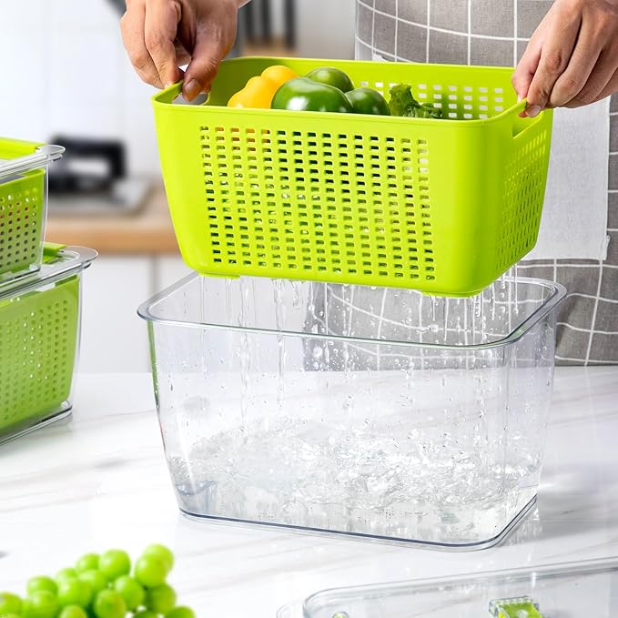 LUXEAR Fruit Vegetable Storage Container, 4 Pack Fresh Containers for Fridge with Lids BPA-Free Produce Refrigerator Organizer for Fruit, Veggie, Berry, Meat Storage Keep Fresh Longer-Green