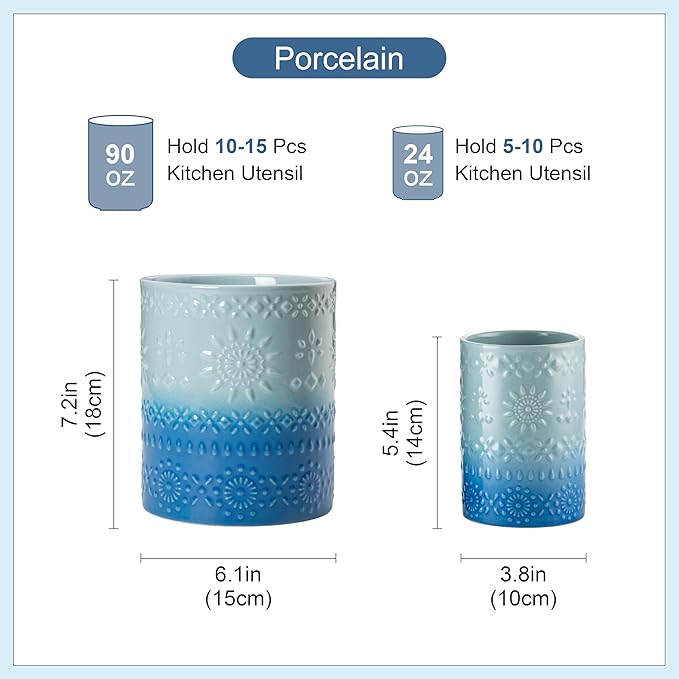 LOVECASA Utensil Holder, 7.2"+5.4" Ceramic Utensil Holder for Countertop, Large Cooking Utensil Crocks for Kitchen Counter, Farmhouse Utensil Vase for Housewarming, Kitchen Decor, Set of 2, Oceans