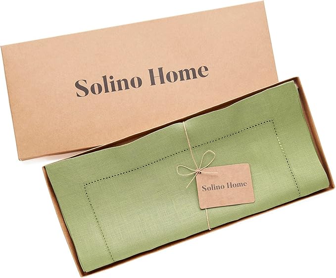 Solino Home Linen Moss Green Table Runner 72 Inches Long - 100% Pure Linen Hemstitch Table Runner 14 x 72 Inch for Dresser, Dining, Summer, Fall, Autumn, Halloween - Classic Hemstitch