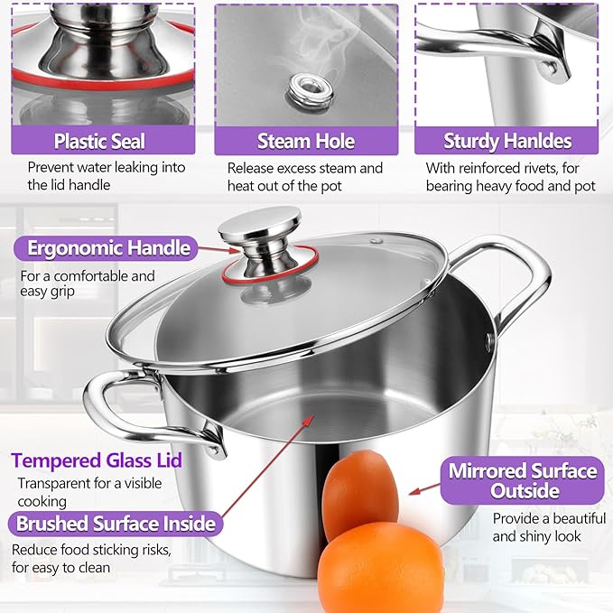 P&P CHEF 5 Quart Tri-Ply Stainless Steel Stock Pot, 5 Qt Stockpot Pasta Cooking Pot with Visible Lid for Soup Vegetable, Induction Cookware for All Stoves, Sturdy & Double Handle, Dishwasher Safe