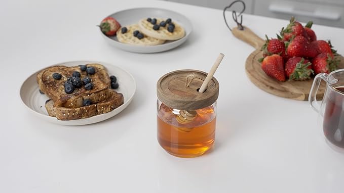 Honey Jar Pot Glass Holder Dispenser Set with Wooden Dipper Stick and Acacia Lid Cover for Home Kitchen, Clear, Modern Honey Syrup Glass Container for Storage Gift, Honey Pot and Drizzler (9 Oz)