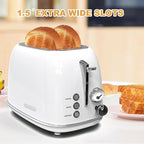 Toaster 2 slice,Retro Stainless Steel Toaster with 6 Settings, 1.5 In Extra Wide Slots, Bagel/Defrost/Cancel Function, Removable Crumb Tray (White)