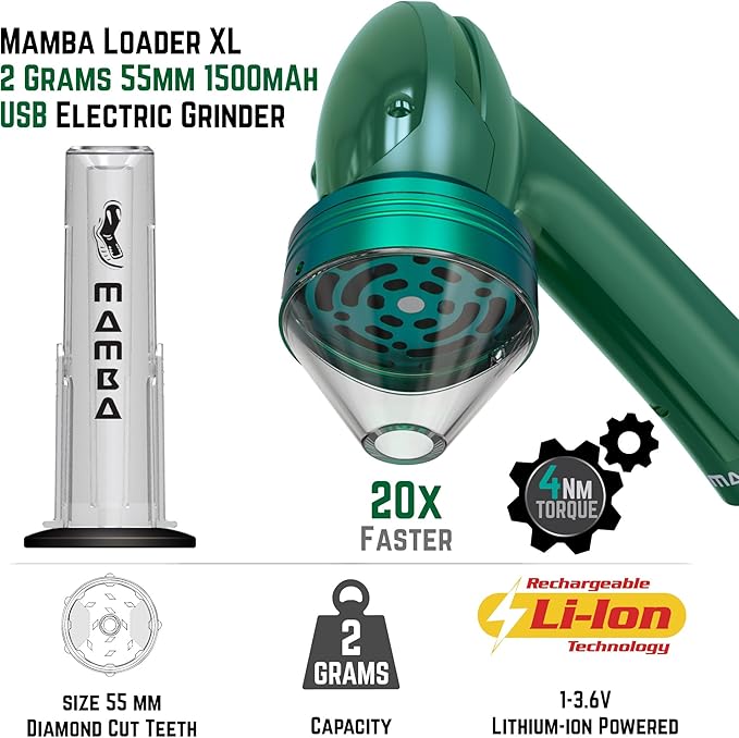 Mamba Loader XL 2g Green USB Electric Herb Grinder. Small Portable Metal Herbal Machine & Spice Mill for the Kitchen