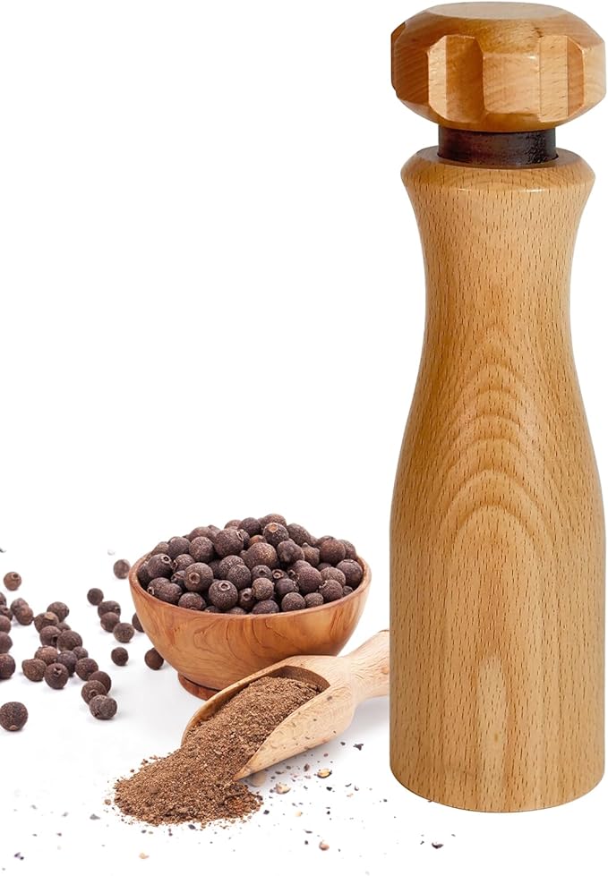 Wooden Pepper Grinder – 【Gear-Shape Knob & Effortless Grinding】8 in Salt Grinder Refillable & Pepper Mill with Adjustable Coarseness,Beech + Black Walnut, Premium Ceramic Mechanism for both kitchen
