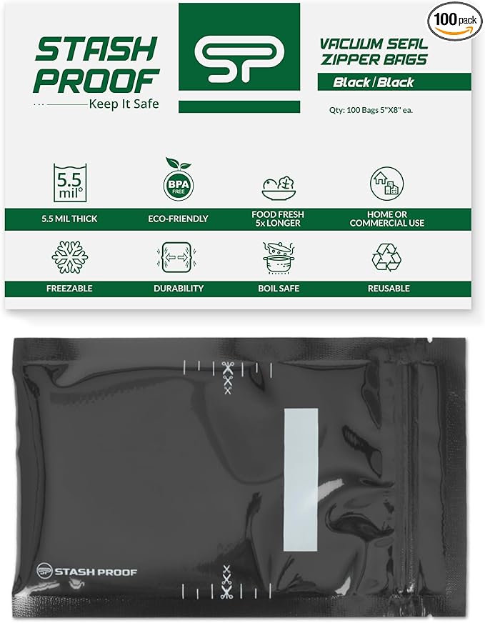5" x 8" Recloseable Zip Storage Bag (100 Count) 5.5 Mil Durable - BPA Free Commerical Food Grade Reusable Resealable Zipper Vacuum Seal (Black and Black)