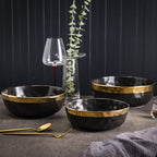 Stone Lain Florian Porcelain 3-Piece Round Bowl Service Set, Black with Gold Rim