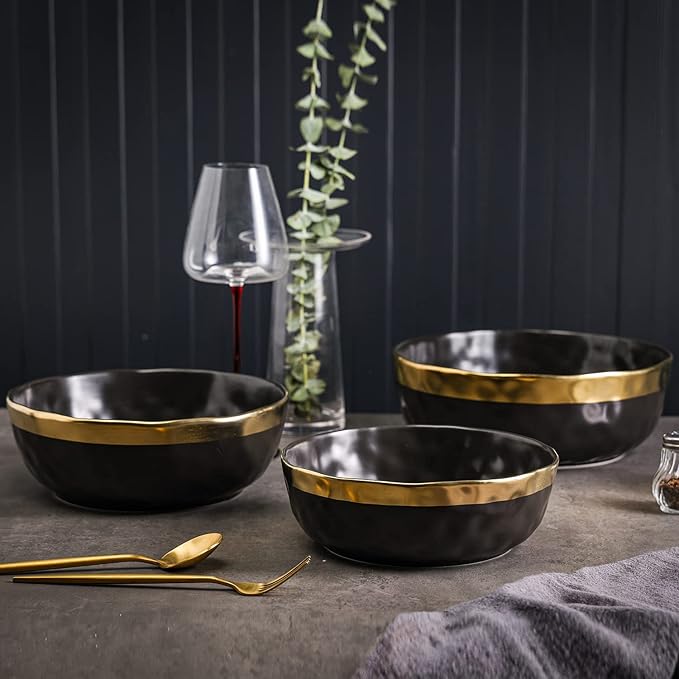 Stone Lain Florian Porcelain 3-Piece Round Bowl Service Set, Black with Gold Rim