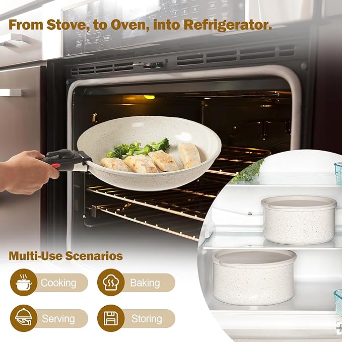 ROSSETTO 17pcs Pots and Pans Set Non Stick from France, Ceramic Cookware Set with Removable Handle, Induction RV Kitchen Cookware Set, Stackable, PFOA and PFAS Free, Oven Safe