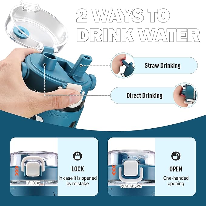 MUKOKO 32 oz Glass Tumbler with Straw,Glass Water Bottles with Time Marker,Iced Coffee Cup with Silicone Sleeve,Motivational Drinking Bottles,Leakproof-Steel Blue