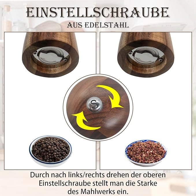 Salt and Pepper Grinder Set, Acacia Wood Salt Shaker with Ceramic/Stainless Steel Core, Modern and Elegant Wooden Salt and Pepper Set(2 Pack) 8 Inches Each