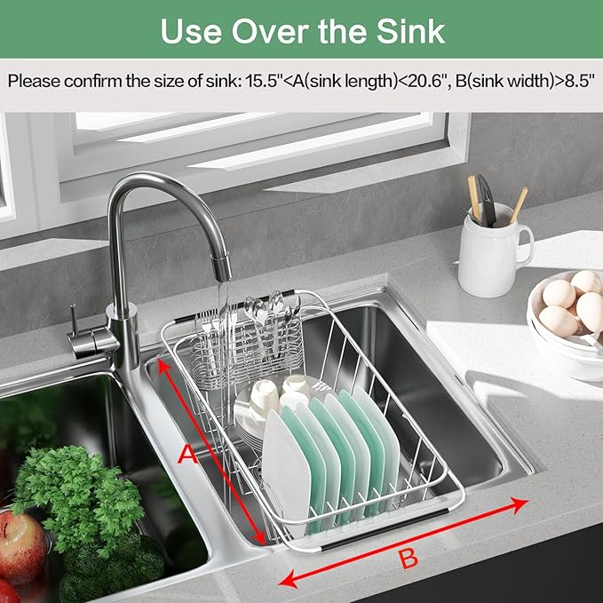 Small Dish Drainer Rack in Sink Adjustable, Expandable Stainless Steel Metal Dish Drying Rack Organizer with Stainless Steel Utensil Holder Over Inside Sink Counter, Rustproof(for 1-2 People)