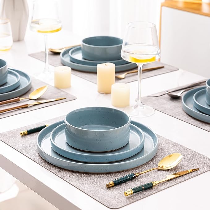 AmorArc Ceramic Dinnerware Set for 8 | Speckled Stoneware Plates and Bowls with Rustic Terracotta Underside| Scratch Resistant,Dishwasher & Microwave Safe Dishes Sets- 24pcs Blue