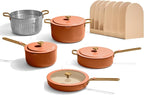 Our Place 11-Piece Essentials Complete Cookware Set - Ceramic Fry Pan, Saucepan, Sauté Pan, Stock Pot, Strainer Basket & Rack Storage | Thermakind™ Nonstick, Oven Safe up to 450°F | Terracotta