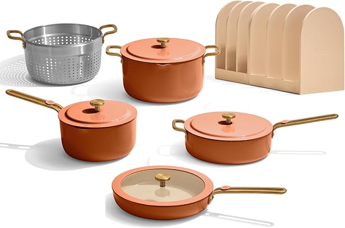 Our Place 11-Piece Essentials Complete Cookware Set - Ceramic Fry Pan, Saucepan, Sauté Pan, Stock Pot, Strainer Basket & Rack Storage | Thermakind™ Nonstick, Oven Safe up to 450°F | Terracotta
