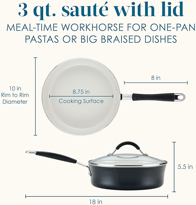 Rachael Ray Cucina Ceramic Nonstick Saute Pan with Lid, 3 Quart Non Stick Sauteuse Pan, Dishwasher Safe - Peppercorn