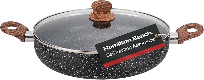 Hamilton Beach 4.5 Quart Nonstick Marble Coating Even Heating Round Beach Low Oven Pot with Glass Lid and Wooden Like Soft Touch Handle, Dutch Oven Pot, Braising, Roasting