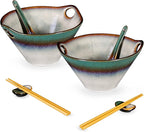 HENXFEN LEAD Japanese Ramen Noodle Bowl Set of 2-30 Oz Large Porcelain Salad Bowls with Chopsticks, Soup Spoons and Rests, Kitchen Serving Dishes for Pho, Udon - Reactive Green
