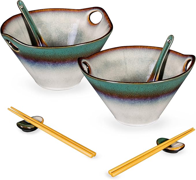 HENXFEN LEAD Japanese Ramen Noodle Bowl Set of 2-30 Oz Large Porcelain Salad Bowls with Chopsticks, Soup Spoons and Rests, Kitchen Serving Dishes for Pho, Udon - Reactive Green