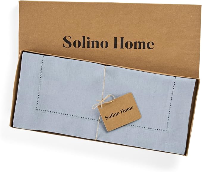 Solino Home Linen Dusty Blue Table Runner 108 Inches Long - 100% Pure Linen Hemstitch 14 x 108 Inch Table Runner for Dining, Summer, Fall, Autumn - Classic Hemstitch