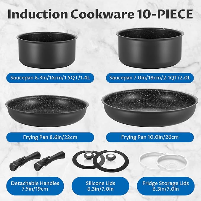 BEZIA Induction Cookware Set 10 Pieces, Nonstick Pots and Pans Set with Removable Handles, for All Hobs, Stackable Design, Dishwasher/Oven Safe, PFAS Free