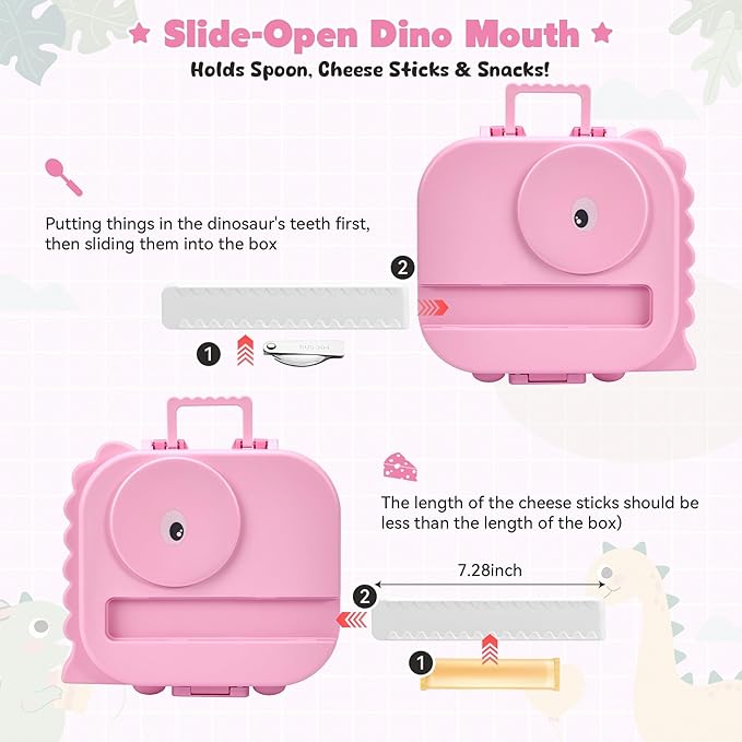 Bento Lunch Box with Thermo, 4-Compartment Bento Box with Adjustable Dividers, Leakproof Dinosaur Lunch Box with 14.2OZ Insulated Food Jar & Sauce Jar, for School Office Travel(Pink)