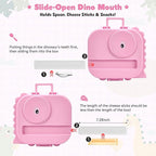 Bento Lunch Box with Thermo, 4-Compartment Bento Box with Adjustable Dividers, Leakproof Dinosaur Lunch Box with 14.2OZ Insulated Food Jar & Sauce Jar, for School Office Travel(Pink)